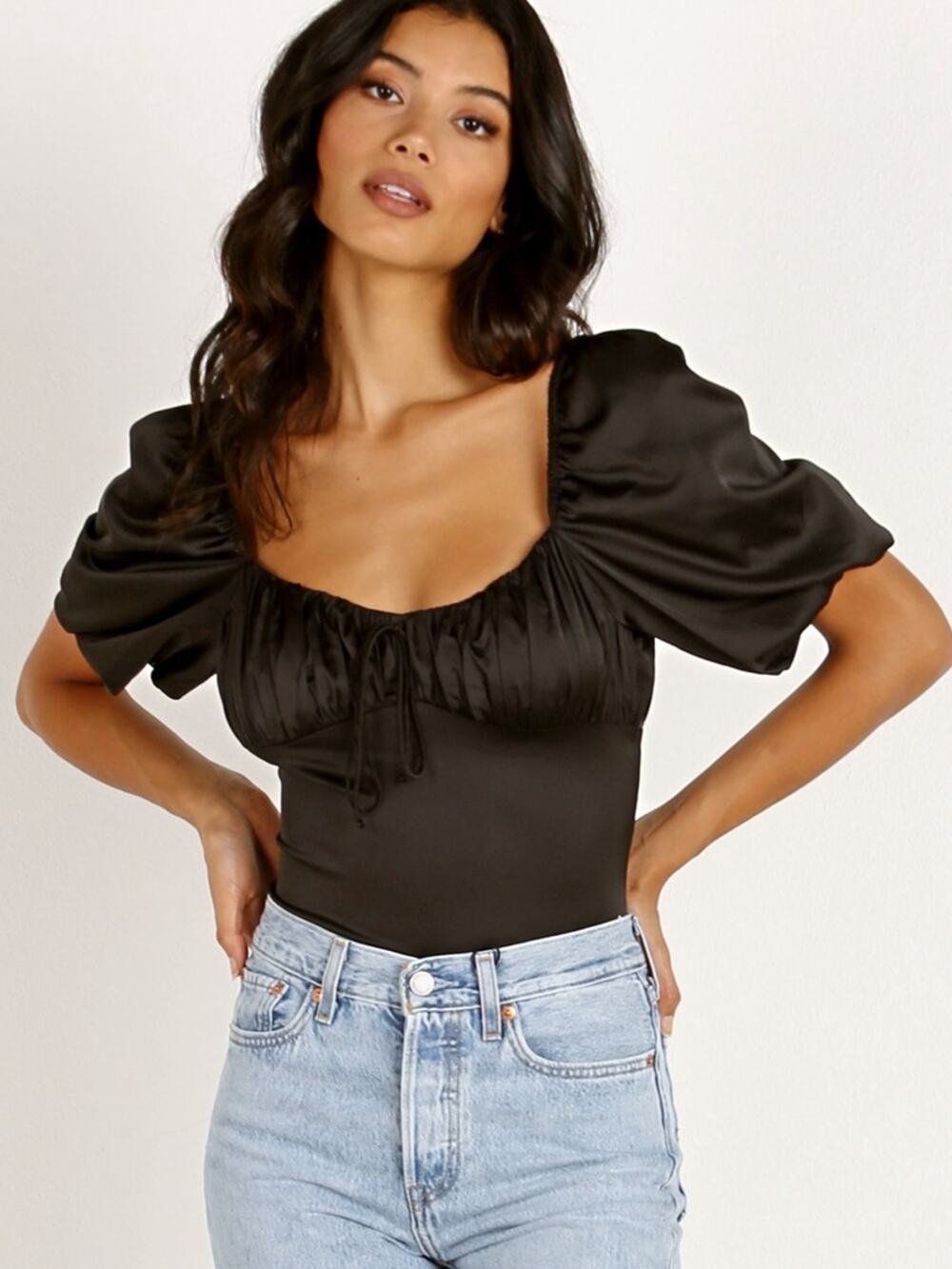For Love and Lemons Black Satin Puff Sleeve Pixie Bodysuit - XS